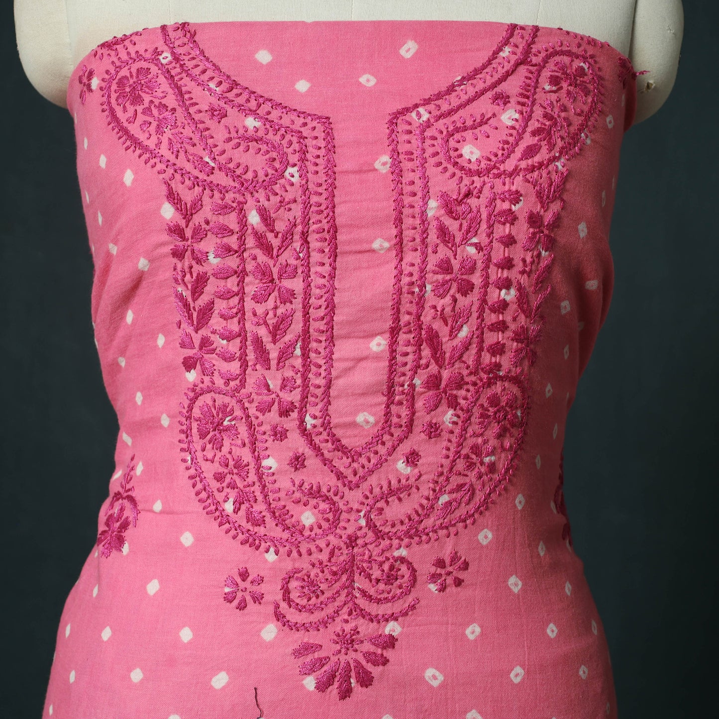 Lucknowi Chikankari Hand Embroidered Bandhani Cotton Unstitched Kurta Material (2.5M) 15