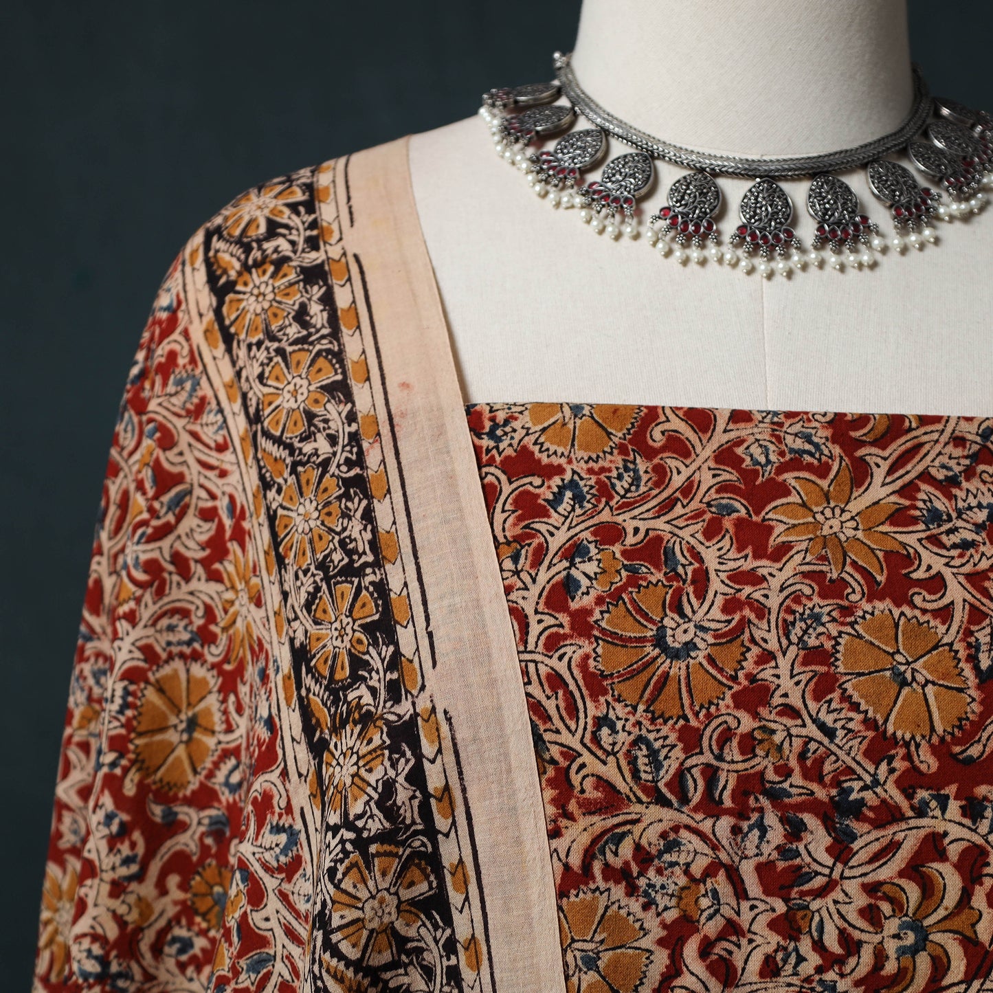 Pedana Hand Block Print Natural Dyed Cotton Kalamkari 2pc Unstitched Dress Material Kurta Set 15