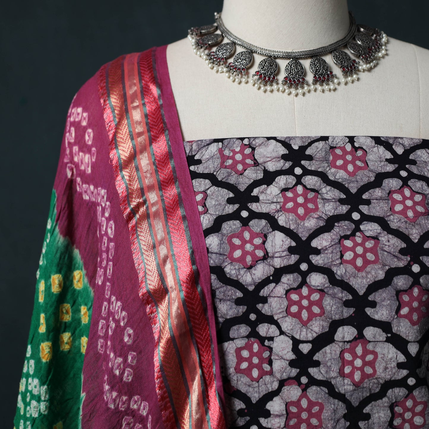 Hand Block Batik Print Cotton 2pc Unstitched Dress Material Kurta Set 02