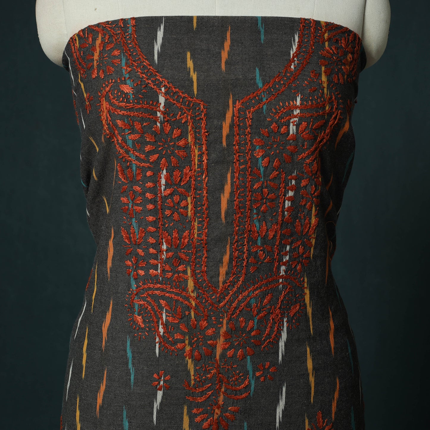 Lucknowi Chikankari Hand Embroidered Pochampally Ikat Cotton Unstitched Kurta Material (2.5M) 28