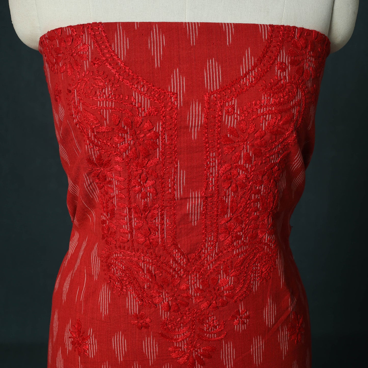 Lucknowi Chikankari Hand Embroidered Pochampally Ikat Cotton Unstitched Kurta Material (2.5M) 32