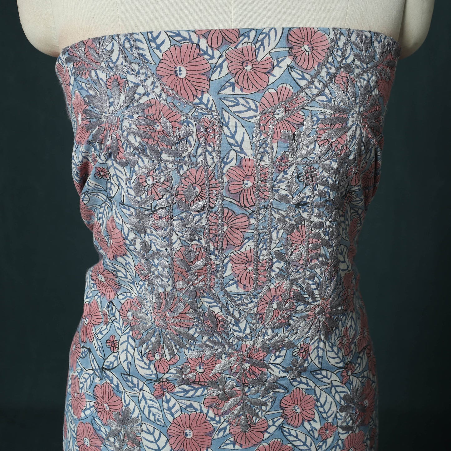 Lucknowi Chikankari Hand Embroidered Sanganeri Cotton Unstitched Kurta Material (2.5M) 47