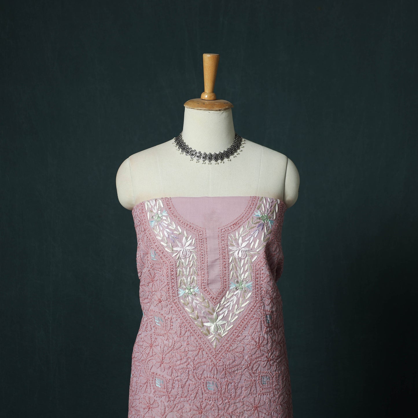 Lucknow Chikankari Parsi Style Hand Embroidered Pure Mul Cotton Unstitched Kurta Material (2.8M) 04