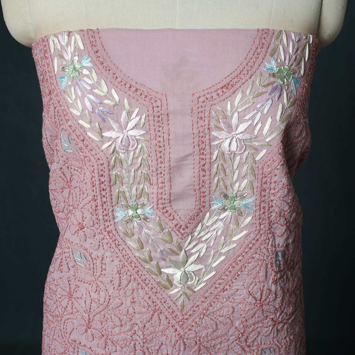Lucknow Chikankari Parsi Style Hand Embroidered Pure Mul Cotton Unstitched Kurta Material (2.8M) 04