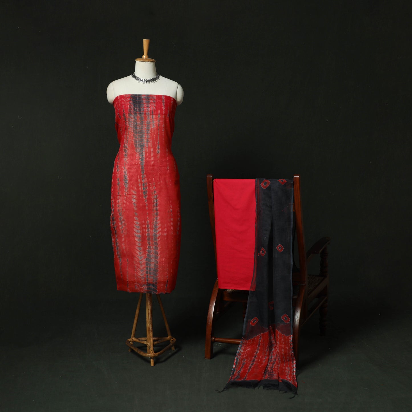 Shibori Tie-Dye Kota Doria Cotton 3pc Unstitched Dress Material Suit Set 07