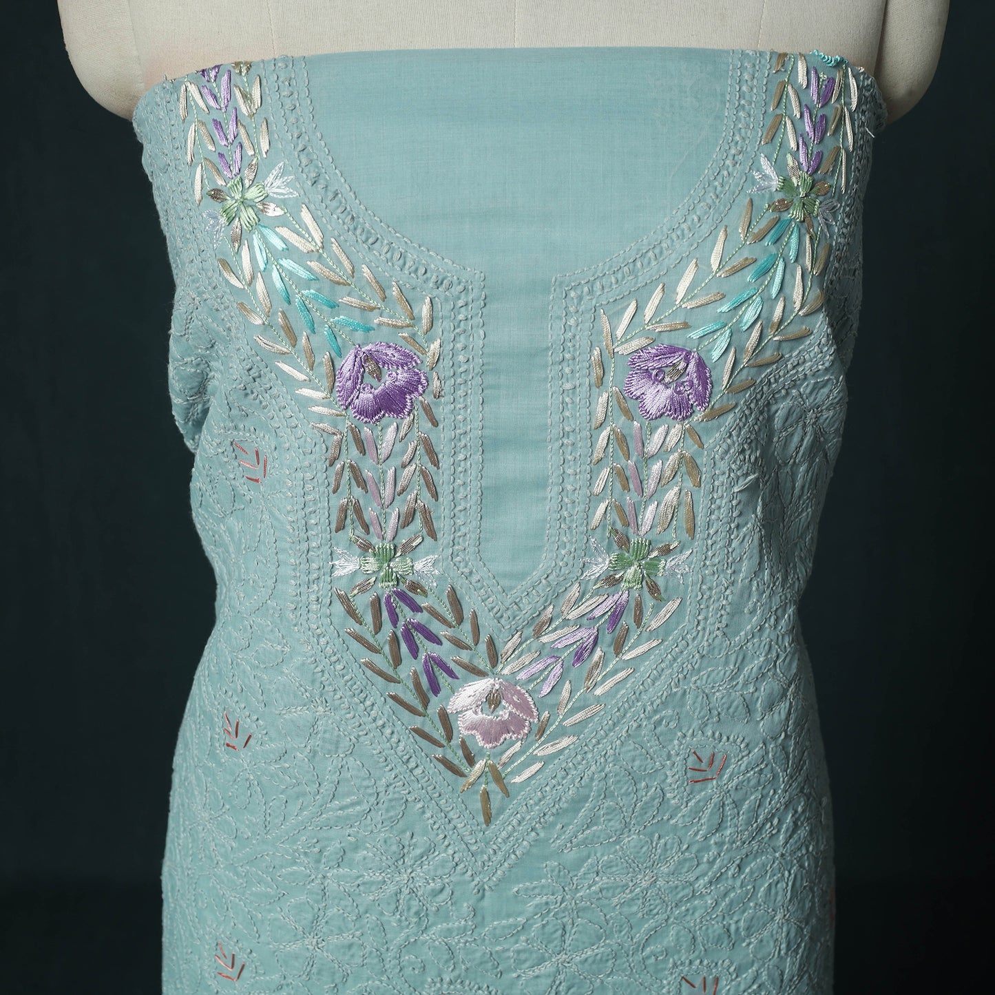 Lucknow Chikankari Parsi Style Hand Embroidered Pure Mul Cotton Unstitched Kurta Material (2.8M) 03