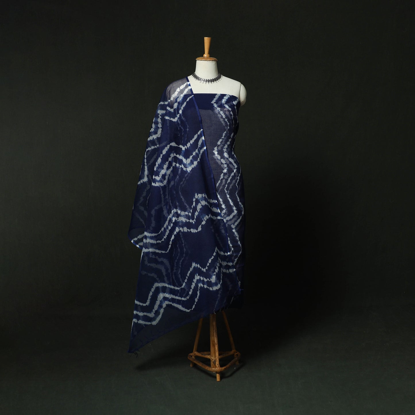 Blue - Shibori Tie-Dye Kota Doria Cotton 3pc Unstitched Dress Material Suit Set 01