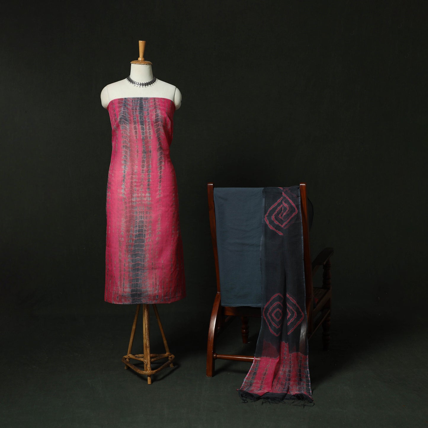 Pink - Shibori Tie-Dye Kota Doria Cotton 3pc Unstitched Dress Material Suit Set 02
