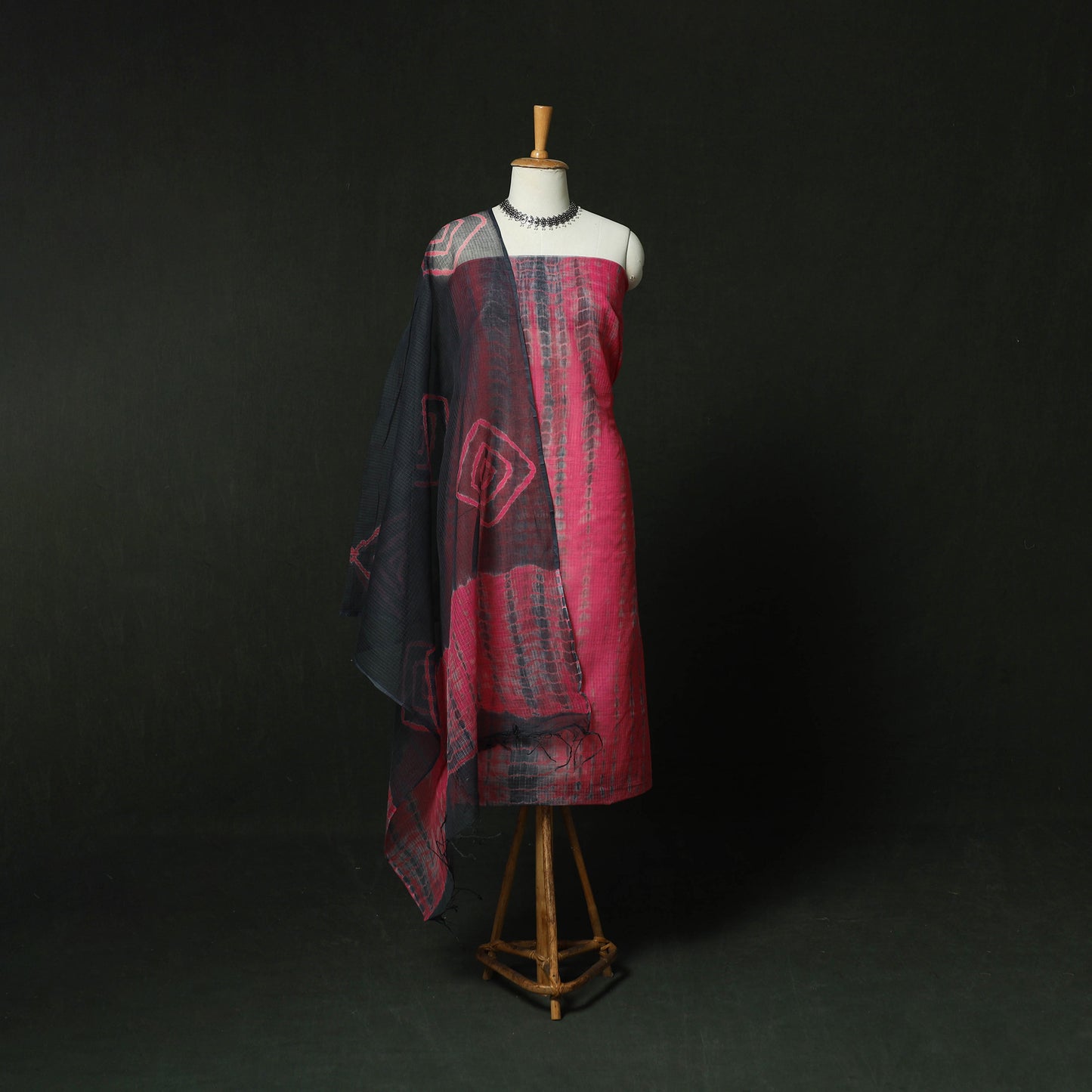 Pink - Shibori Tie-Dye Kota Doria Cotton 3pc Unstitched Dress Material Suit Set 02