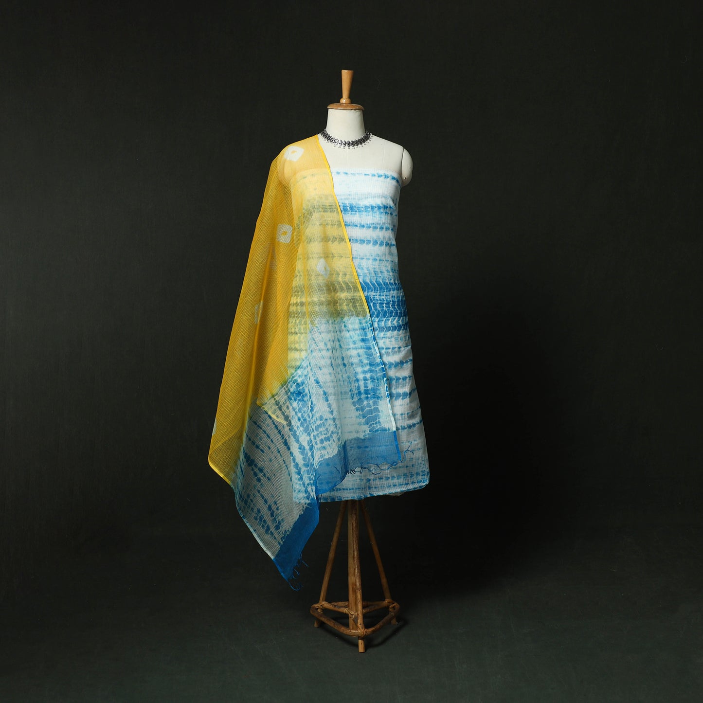 Shibori Tie-Dye Kota Doria Cotton 3pc Unstitched Dress Material Suit Set 03