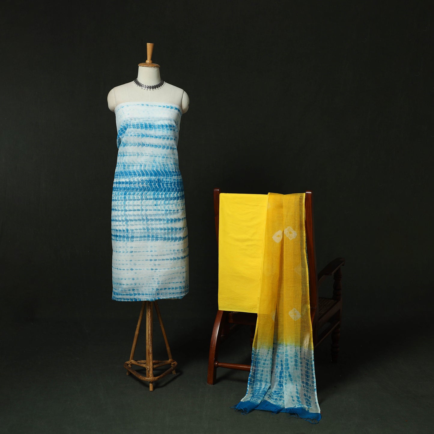 Shibori Tie-Dye Kota Doria Cotton 3pc Unstitched Dress Material Suit Set 03