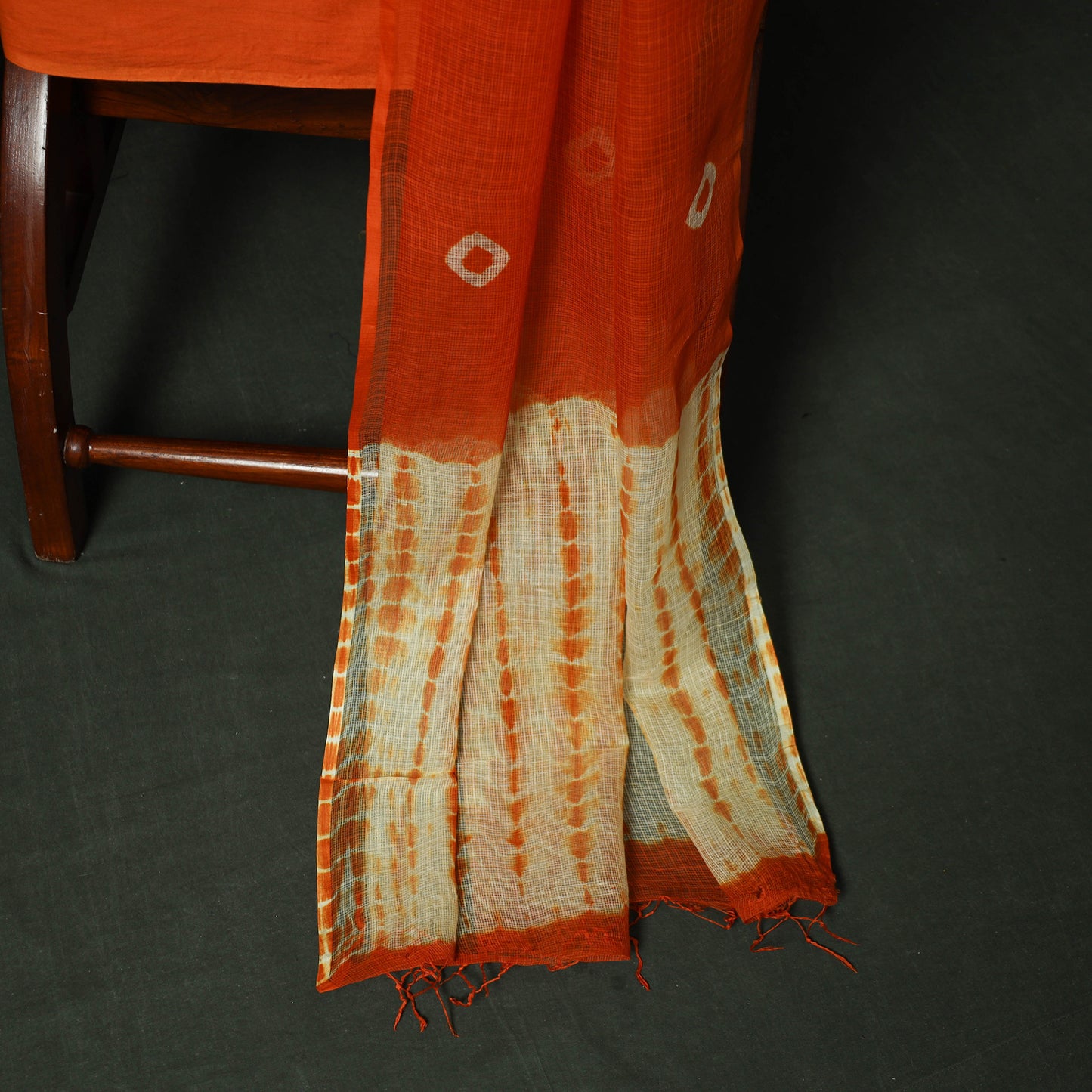 Orange - Shibori Tie-Dye Kota Doria Cotton 3pc Unstitched Dress Material Suit Set 04