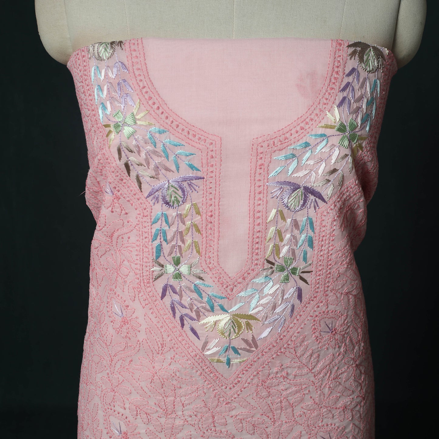 Lucknow Chikankari Parsi Style Hand Embroidered Pure Mul Cotton Unstitched Kurta Material (2.8M) 12