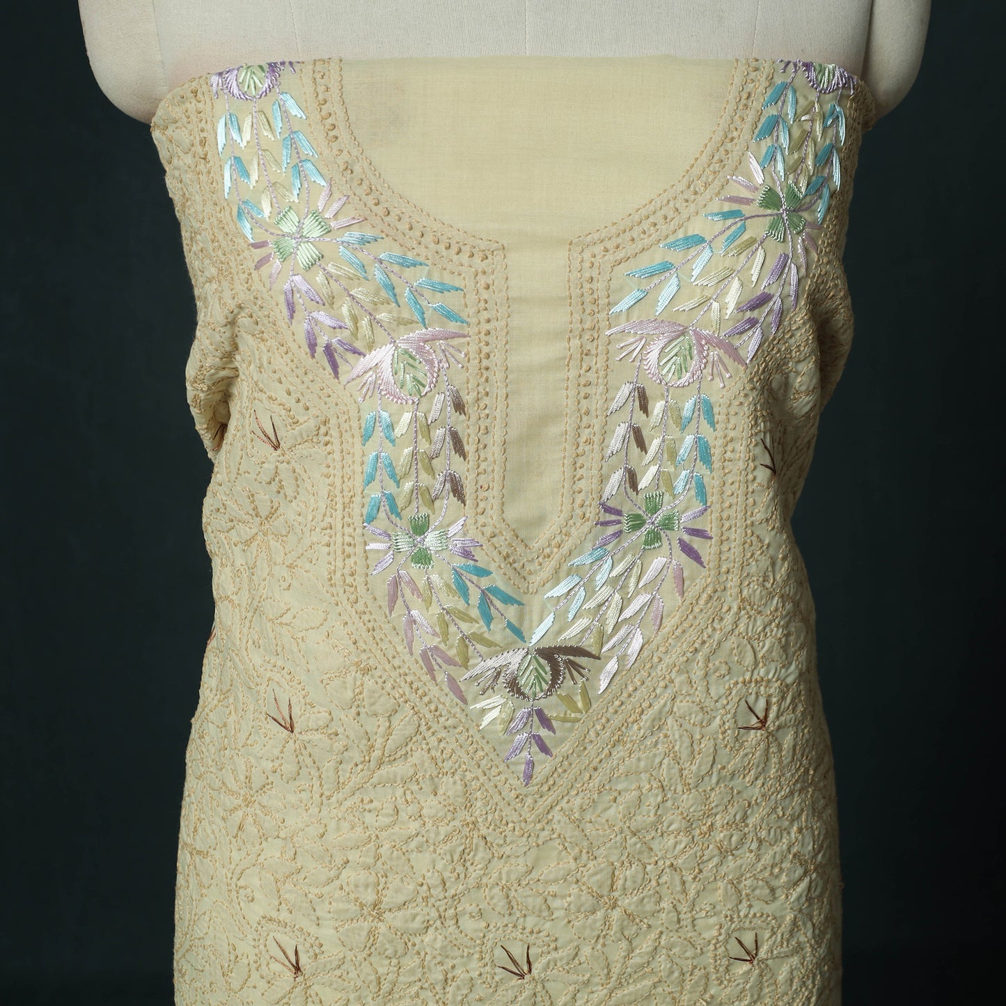 Lucknow Chikankari Parsi Style Hand Embroidered Pure Mul Cotton Unstitched Kurta Material (2.8M) 13