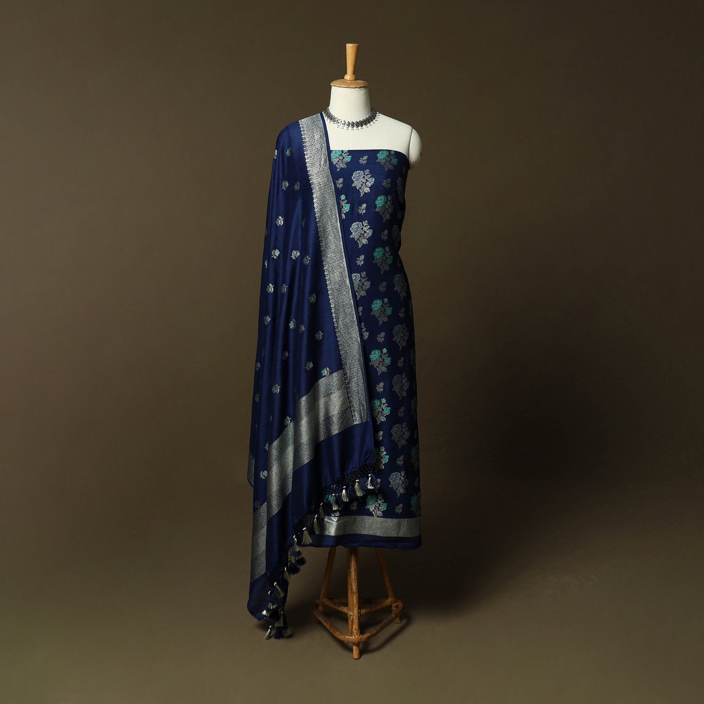 Blue - Banarasi Handwoven Katan Mulberry Silk Zari Work 3pc Unstitched Dress Material Suit Set 03