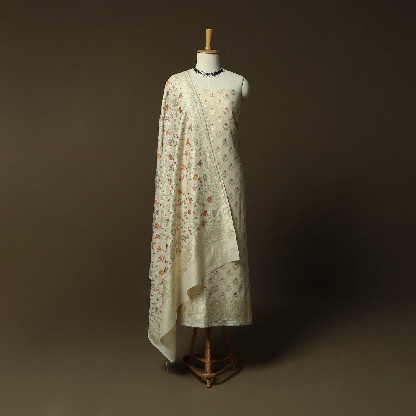 Beige - Banarasi Handwoven Katan Mulberry Silk Zari Work 3pc Unstitched Dress Material Suit Set 04