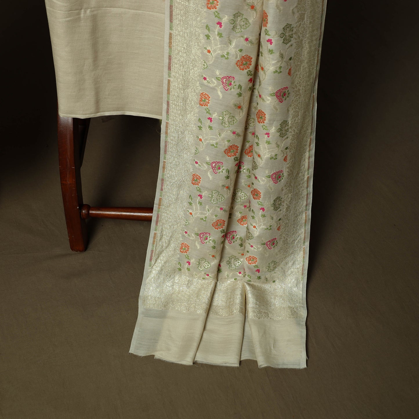 Beige - Banarasi Handwoven Katan Mulberry Silk Zari Work 3pc Unstitched Dress Material Suit Set 04