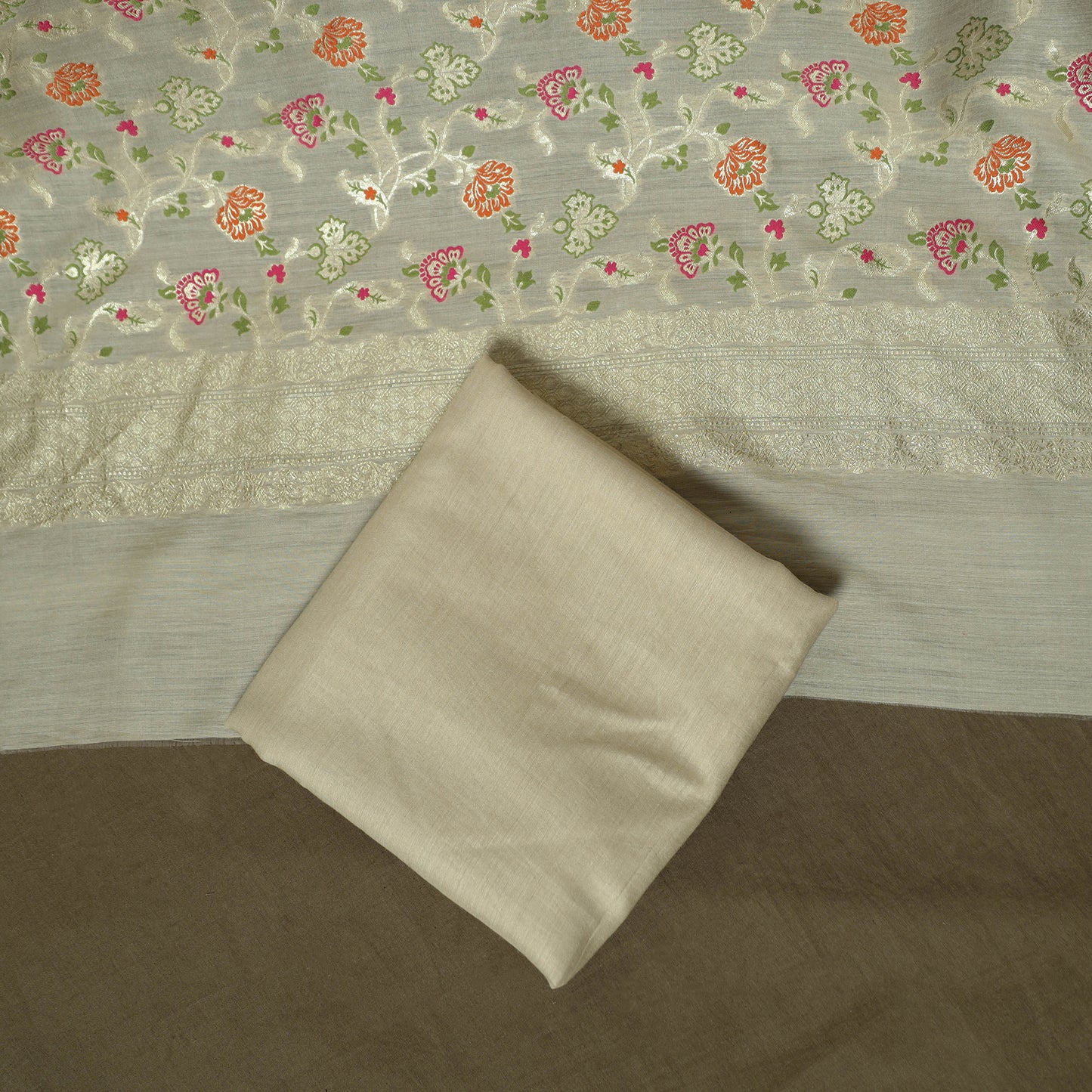 Beige - Banarasi Handwoven Katan Mulberry Silk Zari Work 3pc Unstitched Dress Material Suit Set 04