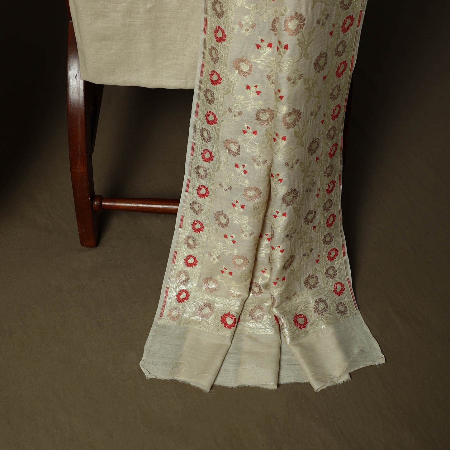 Beige - Banarasi Handwoven Katan Mulberry Silk Zari Work 3pc Unstitched Dress Material Suit Set 05