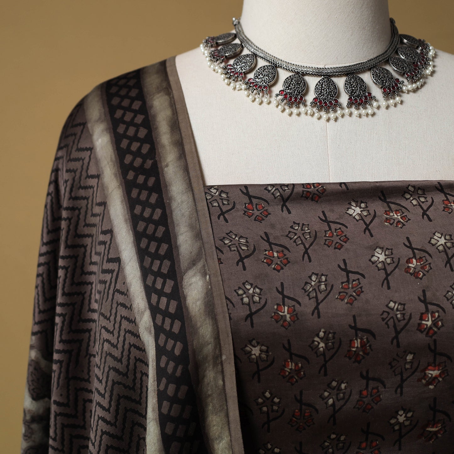 Bagru Hand Block Print Natural Dyed Modal Silk 2pc Unstitched Dress Material Kurta Set 06