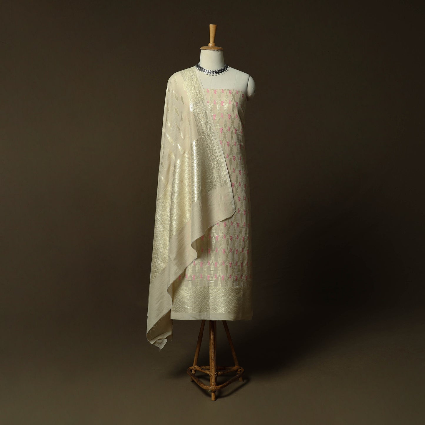 Beige - Banarasi Handwoven Katan Mulberry Silk Zari Work 3pc Unstitched Dress Material Suit Set 06