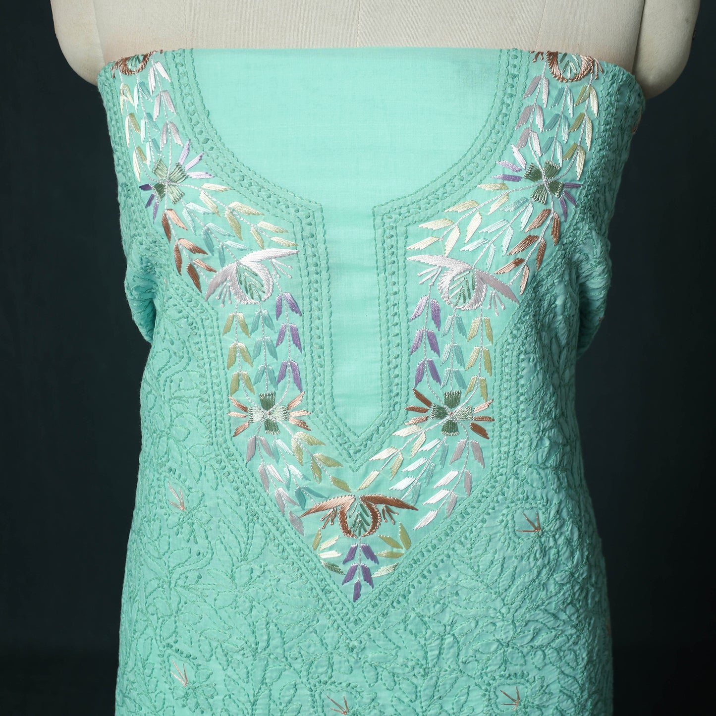 Lucknow Chikankari Parsi Style Hand Embroidered Pure Mul Cotton Unstitched Kurta Material (2.8M) 21