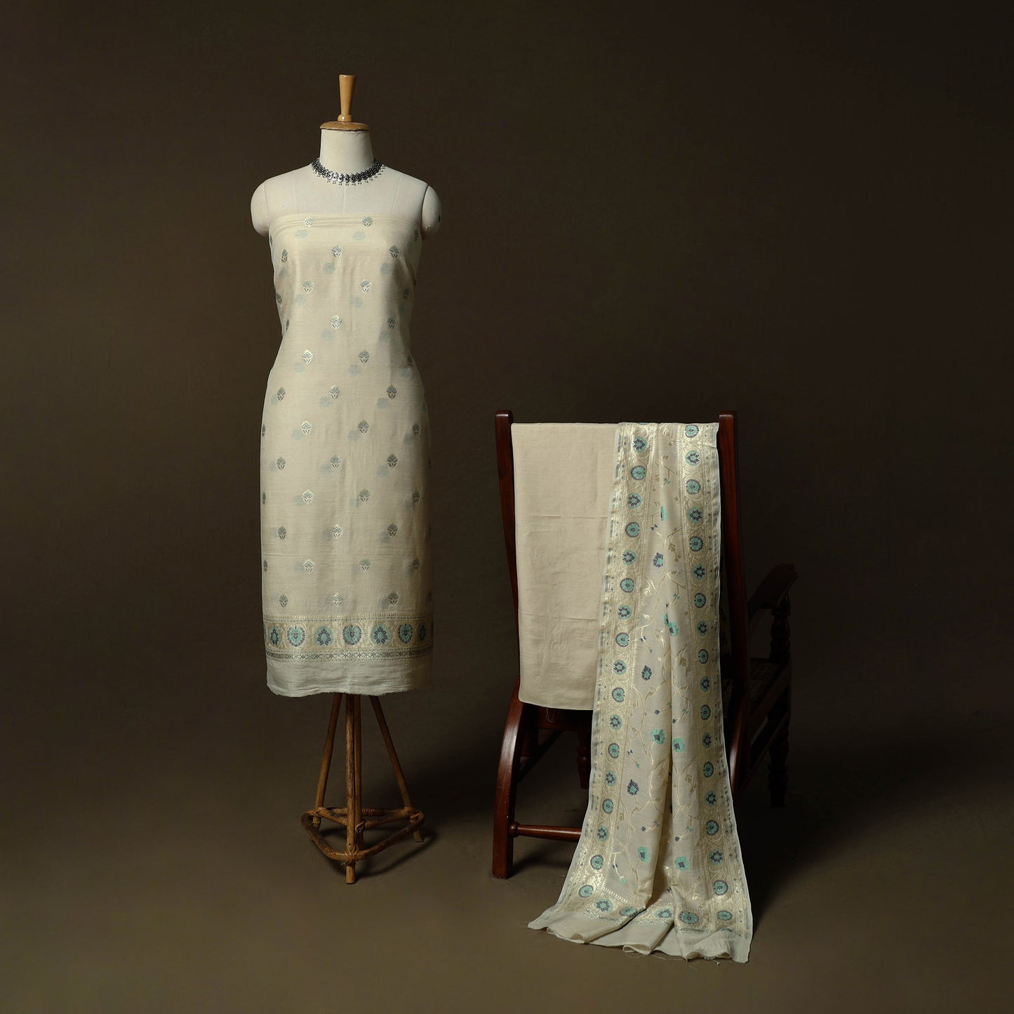 Beige - Banarasi Handwoven Katan Mulberry Silk Zari Work 3pc Unstitched Dress Material Suit Set 02