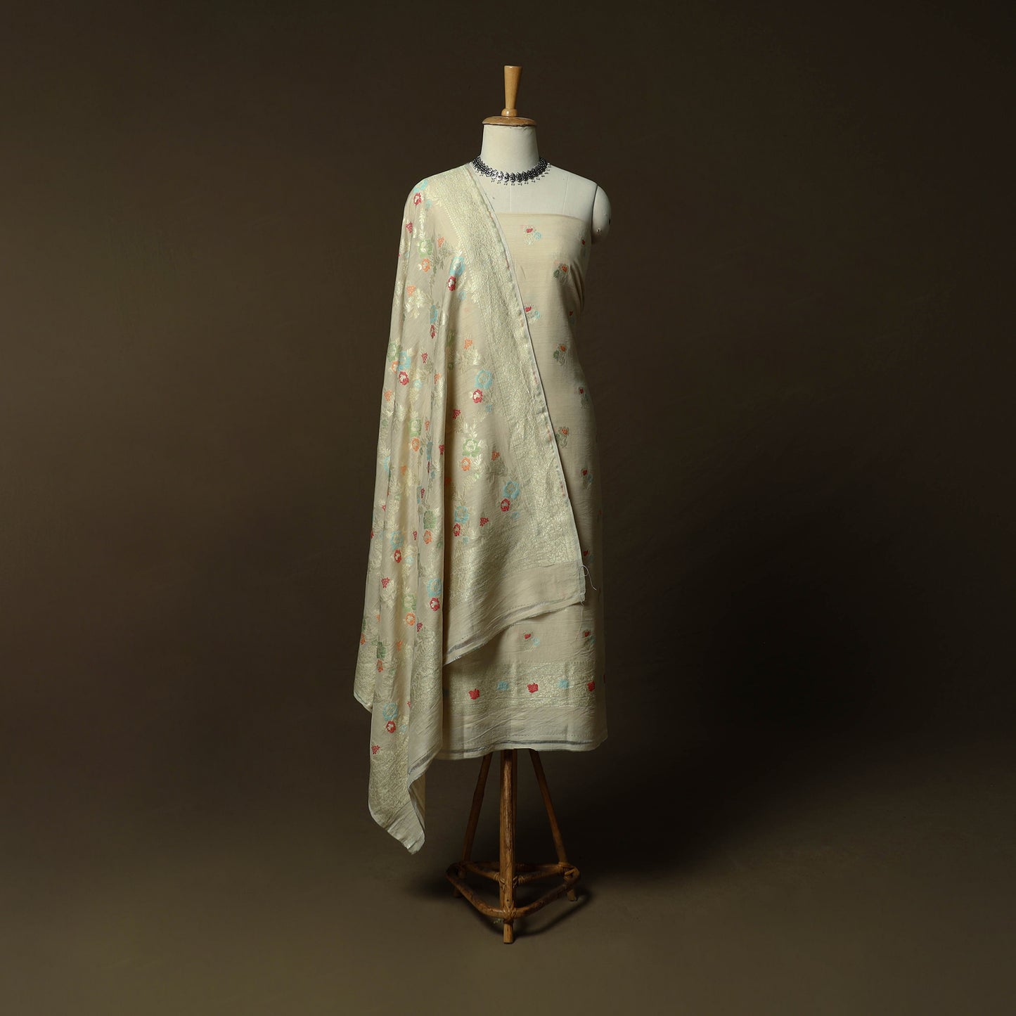 Beige - Banarasi Handwoven Katan Mulberry Silk Zari Work 3pc Unstitched Dress Material Suit Set 01