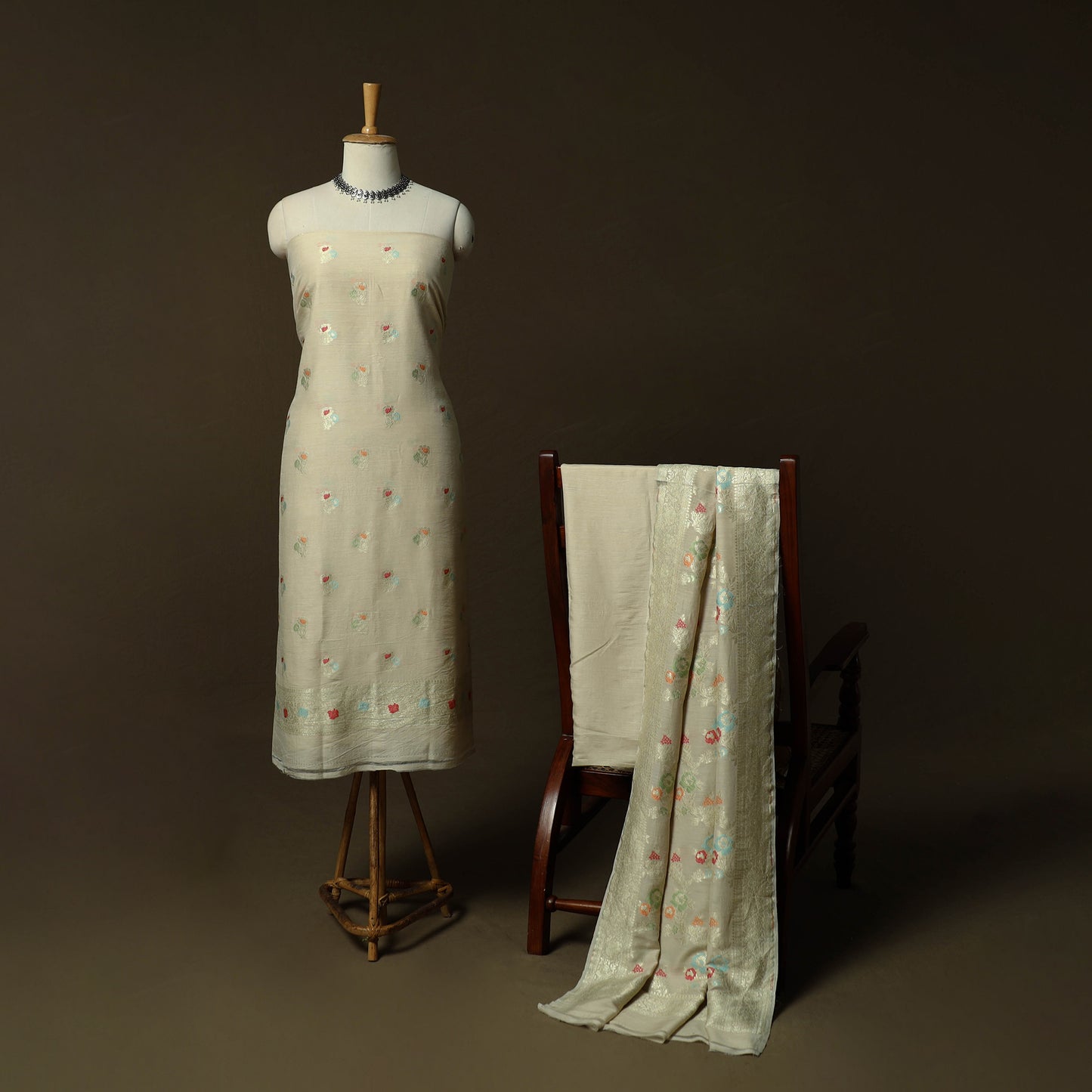 Beige - Banarasi Handwoven Katan Mulberry Silk Zari Work 3pc Unstitched Dress Material Suit Set 01