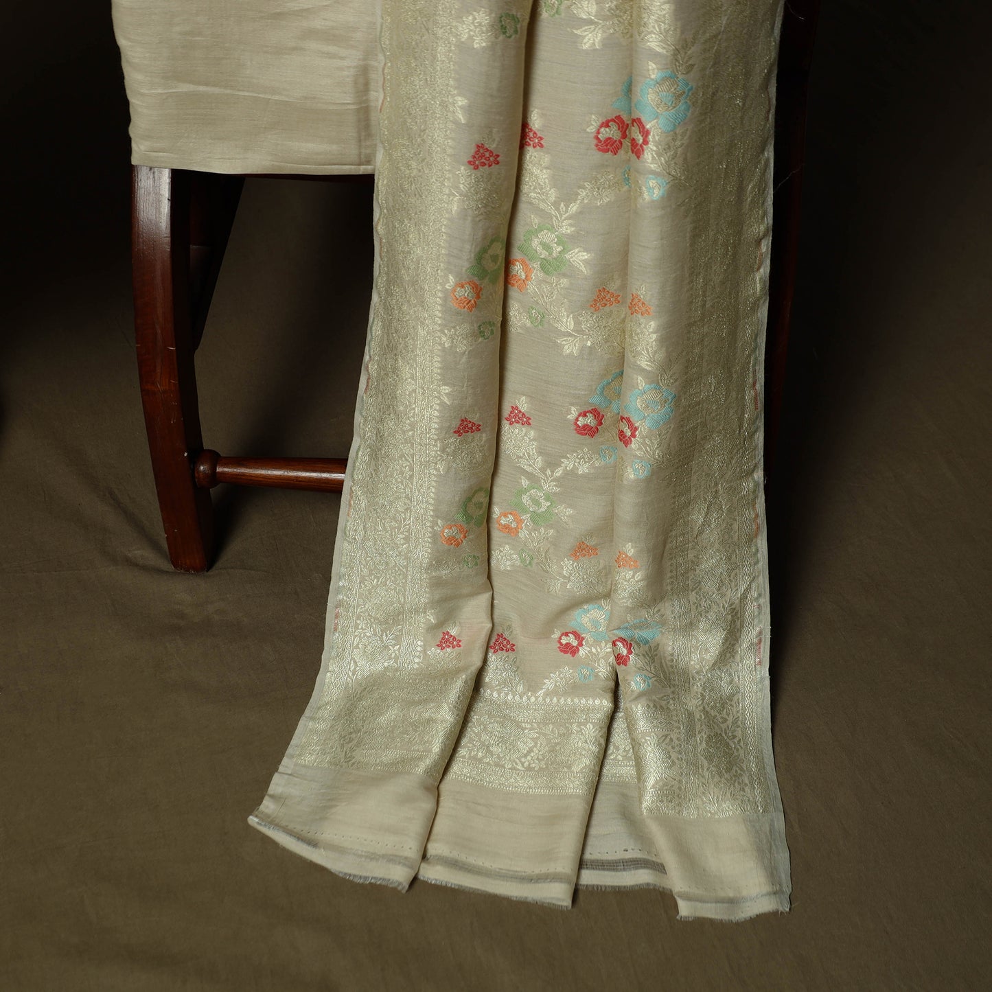 Beige - Banarasi Handwoven Katan Mulberry Silk Zari Work 3pc Unstitched Dress Material Suit Set 01