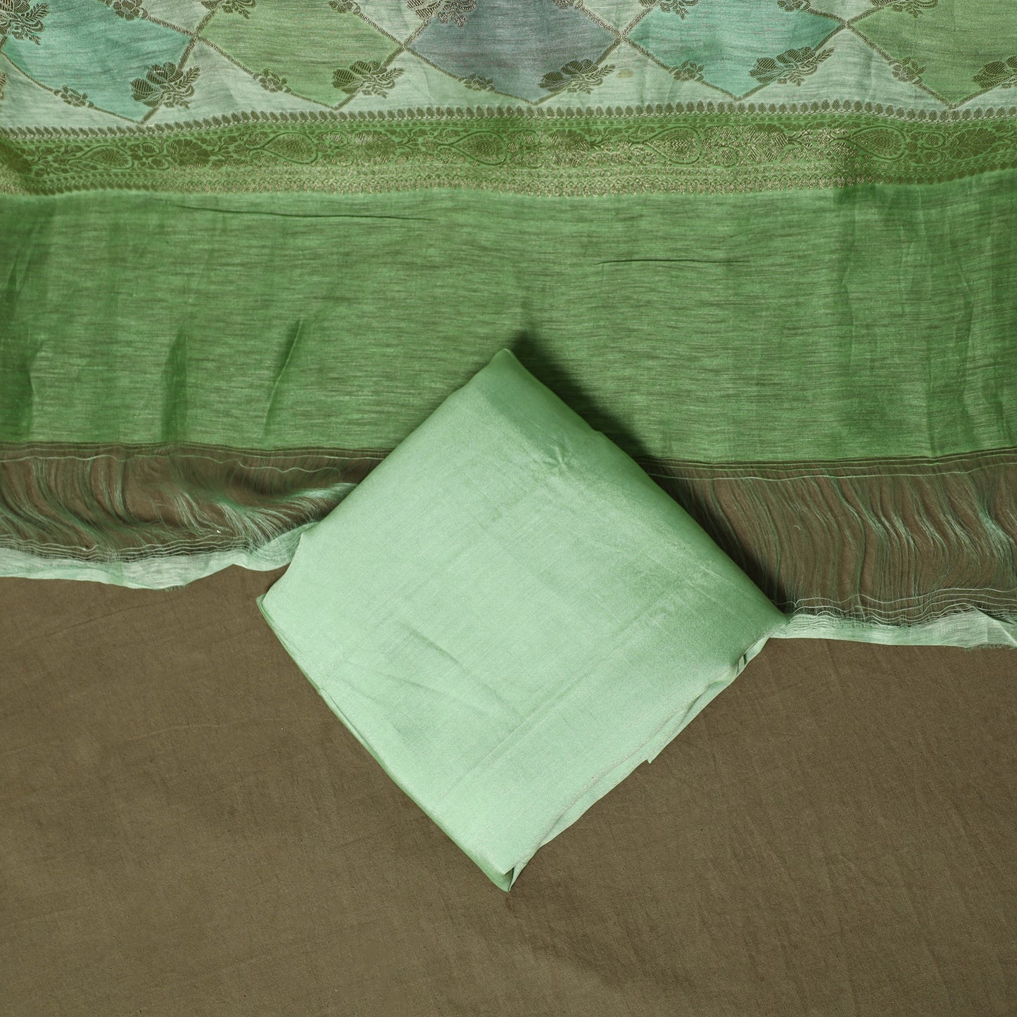Green - Banarasi Handwoven Katan Mulberry Silk Zari Meena Buti 3pc Unstitched Dress Material Suit Set 07