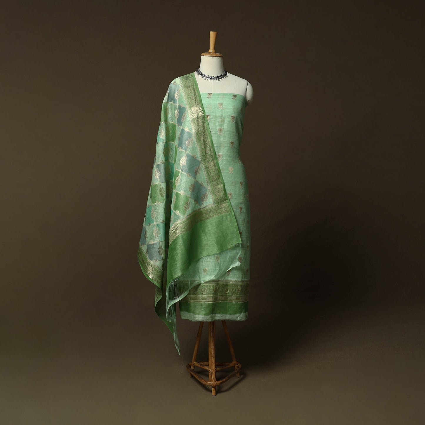 Green - Banarasi Handwoven Katan Mulberry Silk Zari Meena Buti 3pc Unstitched Dress Material Suit Set 07