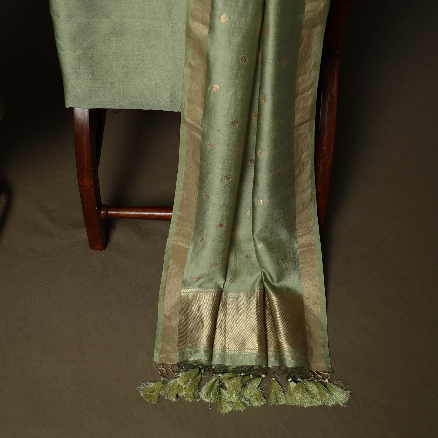 Green - Banarasi Handwoven Muga Silk Zari Meena Buti 3pc Unstitched Dress Material Suit Set 08