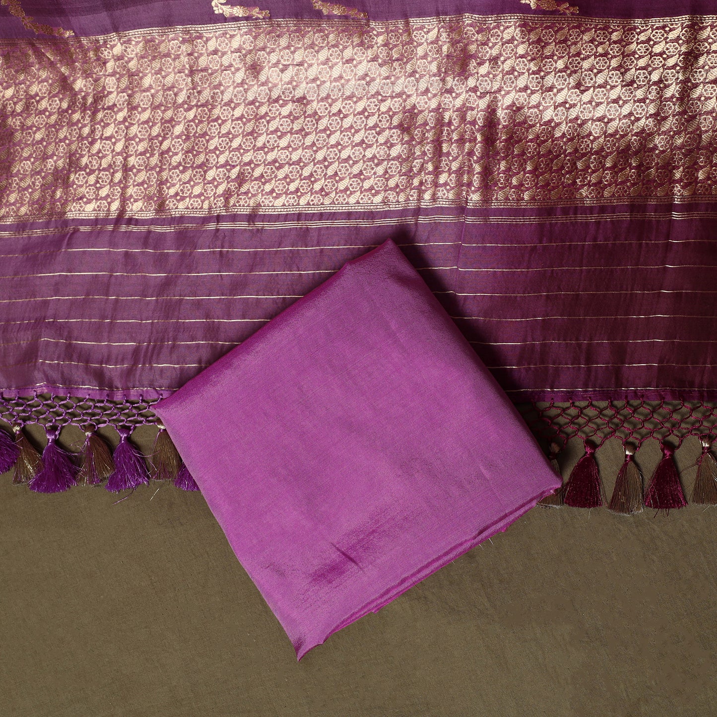 Purple - Banarasi Handwoven Muga Silk Zari Meena Buti 3pc Unstitched Dress Material Suit Set 10