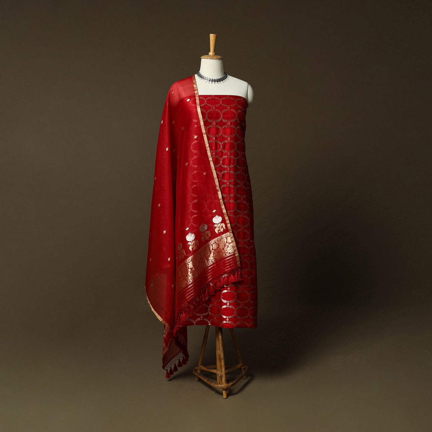 Red - Banarasi Handwoven Raw Silk Zari Work 3pc Unstitched Dress Material Suit Set 11