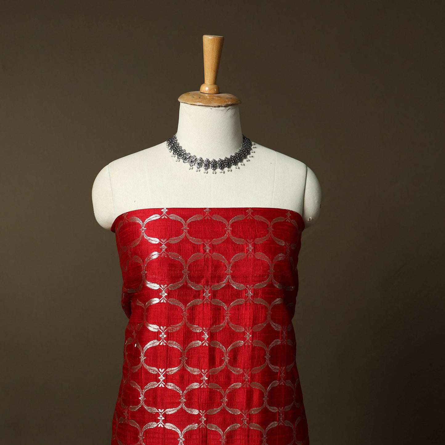 Red - Banarasi Handwoven Raw Silk Zari Work 3pc Unstitched Dress Material Suit Set 11