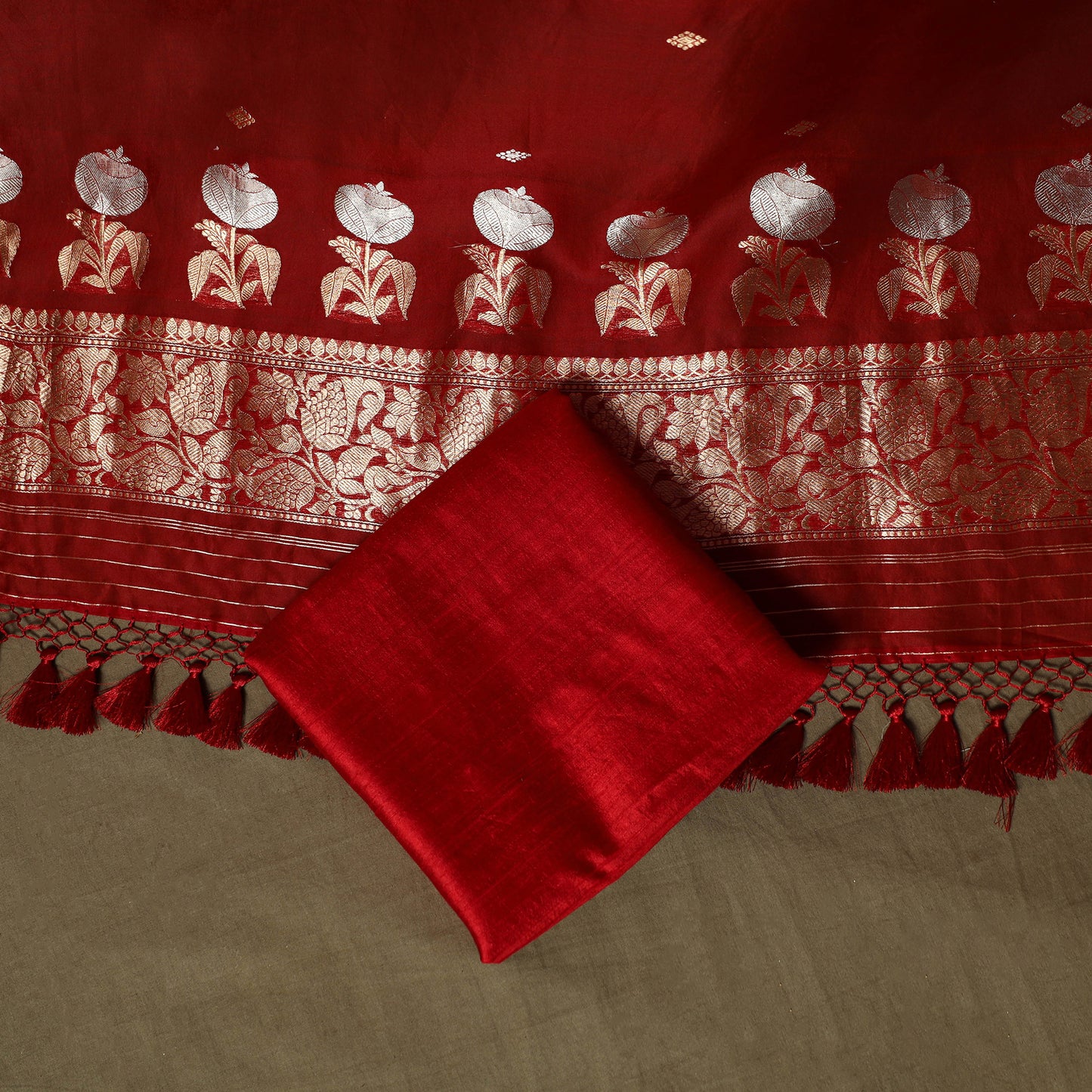 Red - Banarasi Handwoven Raw Silk Zari Work 3pc Unstitched Dress Material Suit Set 11