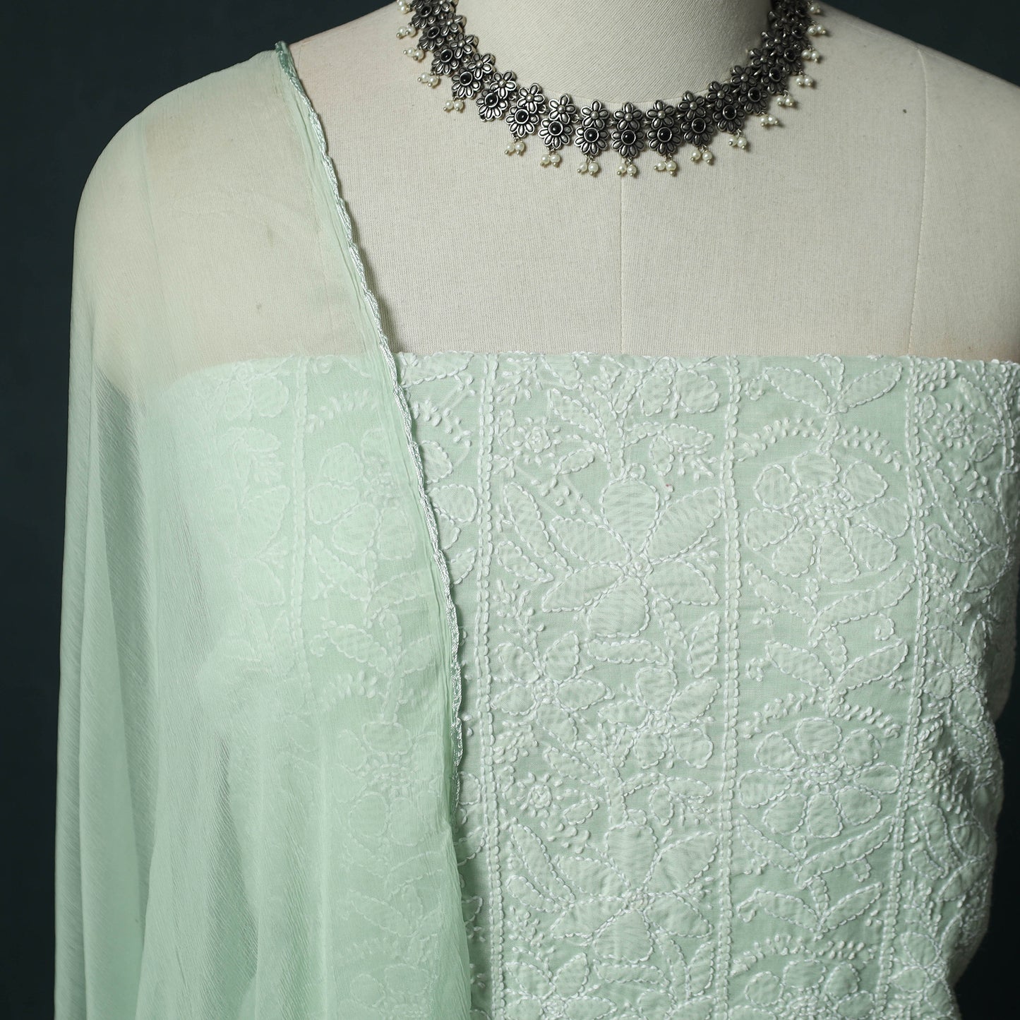 Green - Lucknowi Chikankari Hand Embroidered Cotton 3pc Unstitched Dress Material Suit Set 01
