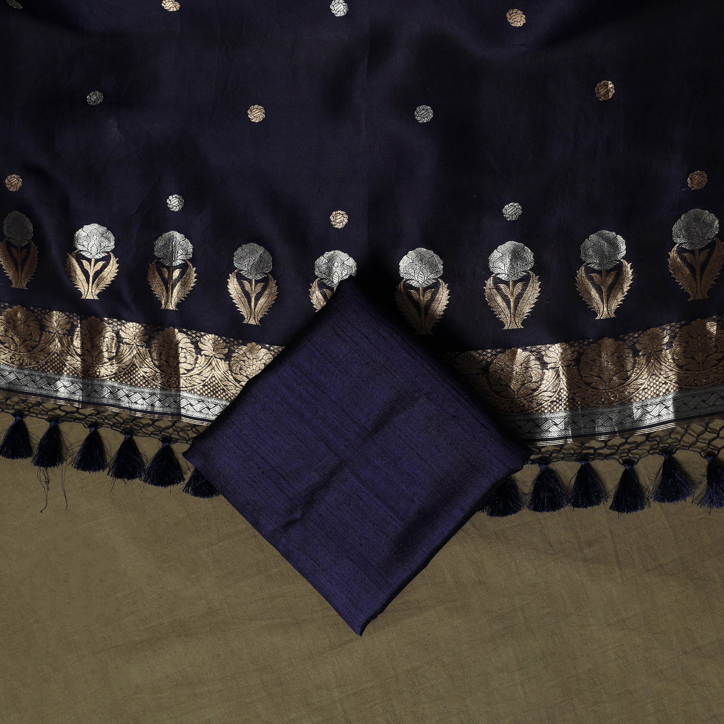 Blue - Banarasi Handwoven Raw Silk Zari Work 3pc Unstitched Dress Material Suit Set 12