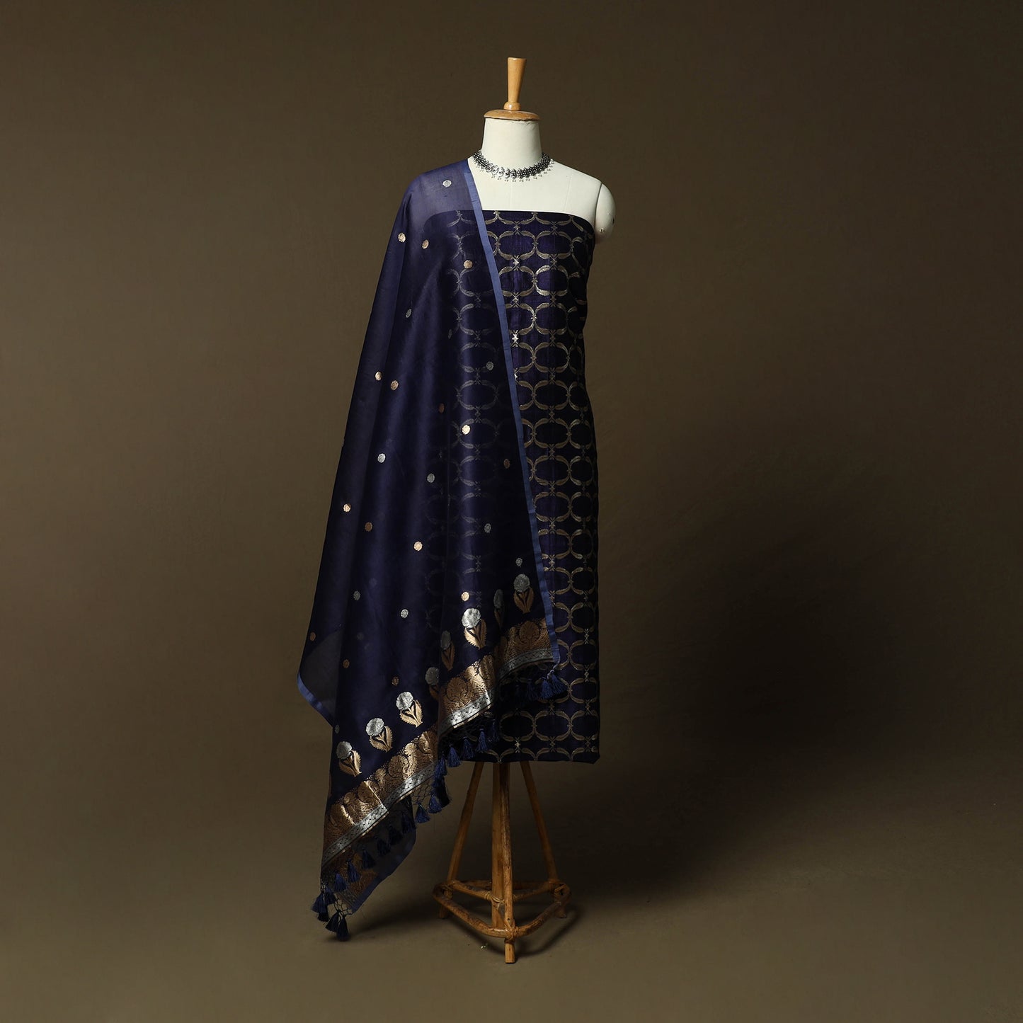 Blue - Banarasi Handwoven Raw Silk Zari Work 3pc Unstitched Dress Material Suit Set 12