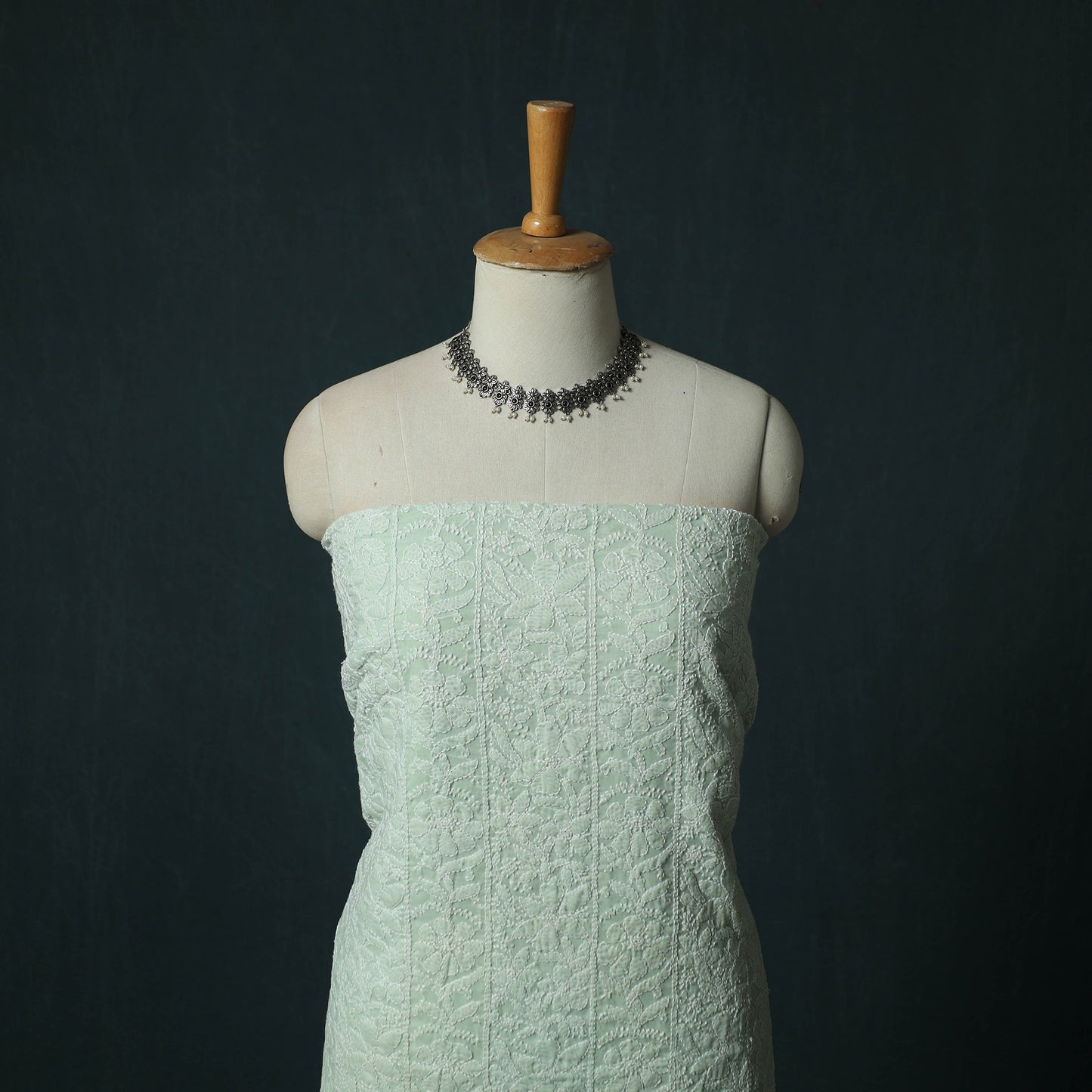 Green - Lucknowi Chikankari Hand Embroidered Cotton 3pc Unstitched Dress Material Suit Set 01
