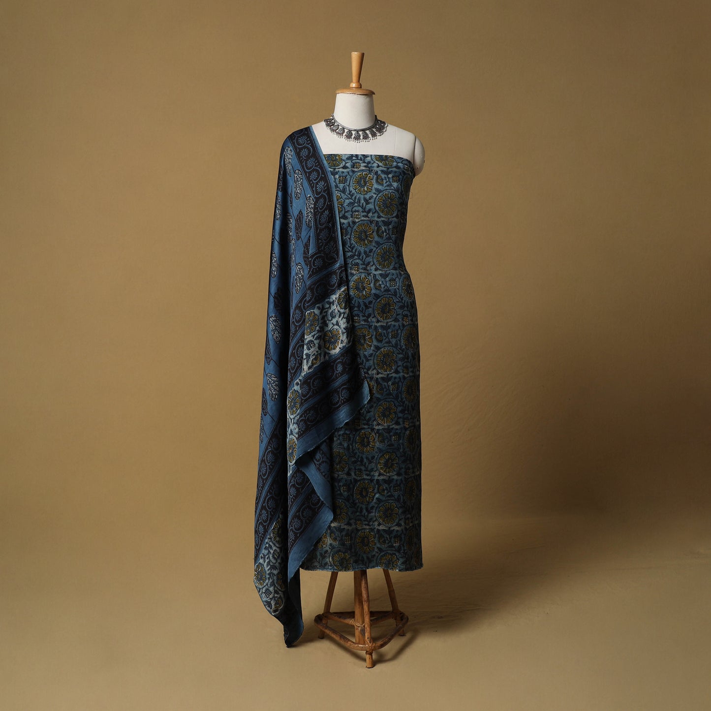 Bagru Hand Block Print Natural Dyed Modal Silk 2pc Unstitched Dress Material Kurta Set 16