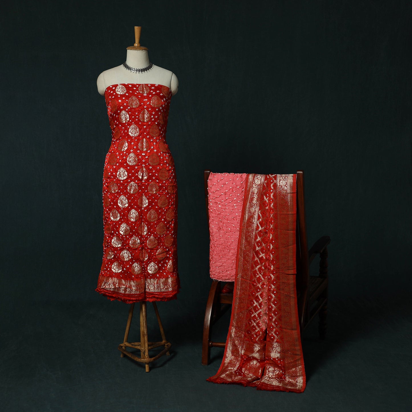 Kutch Bandhani Tie-Dye Modal Silk Banarasi Zari 3pc Unstitched Dress Material Suit Set 01
