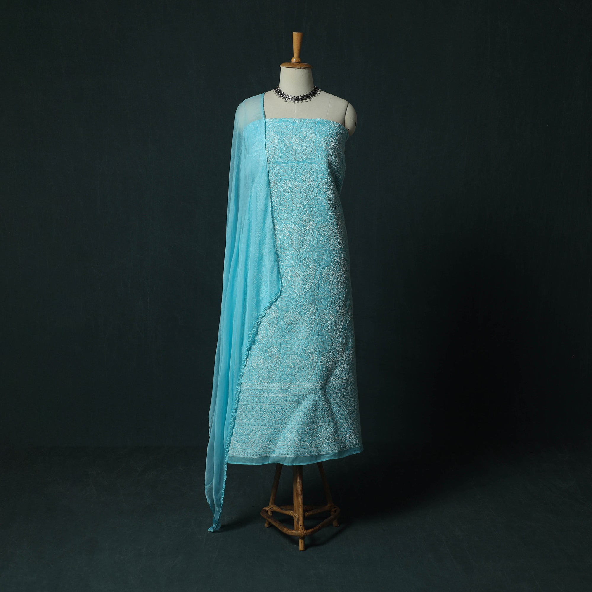 Blue Lucknowi Chikankari Hand Embroidered Cotton 3pc Unstitched Dress Material Suit Set