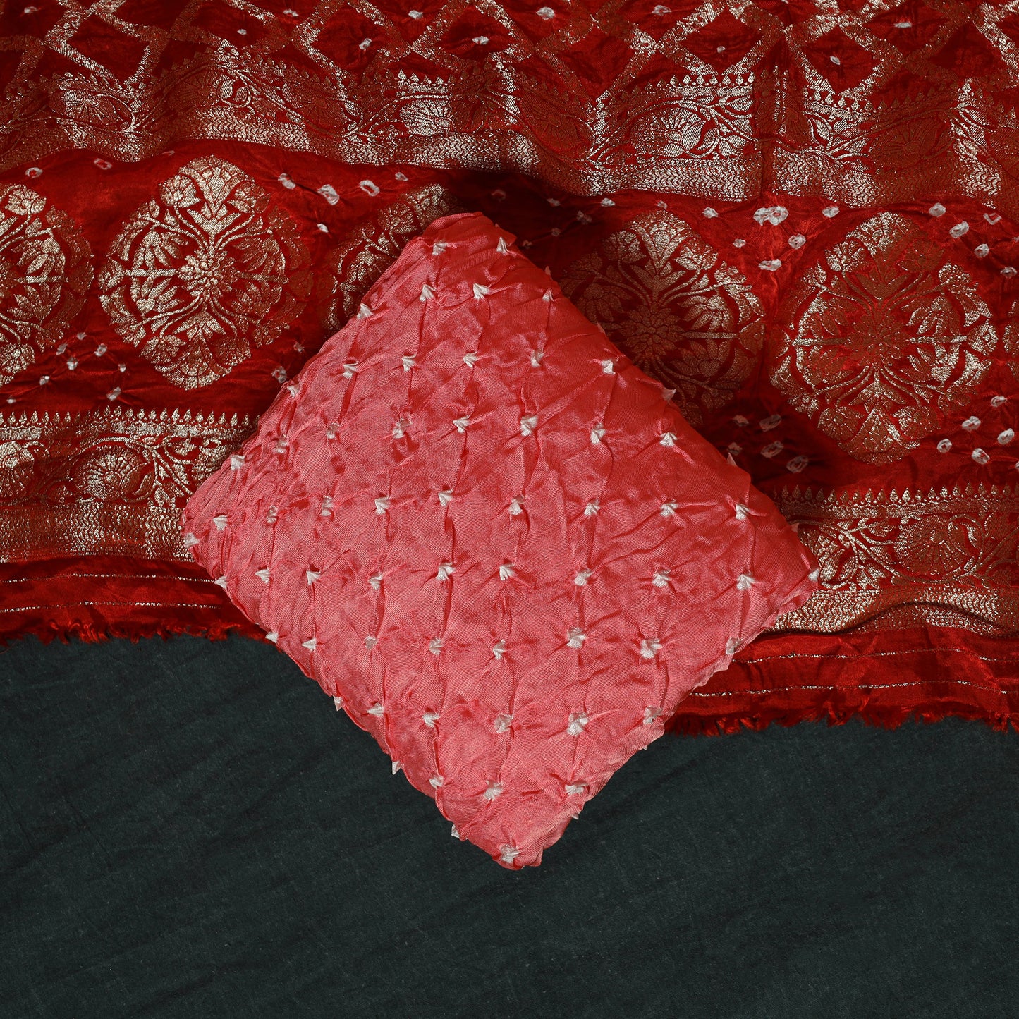 Kutch Bandhani Tie-Dye Modal Silk Banarasi Zari 3pc Unstitched Dress Material Suit Set 01