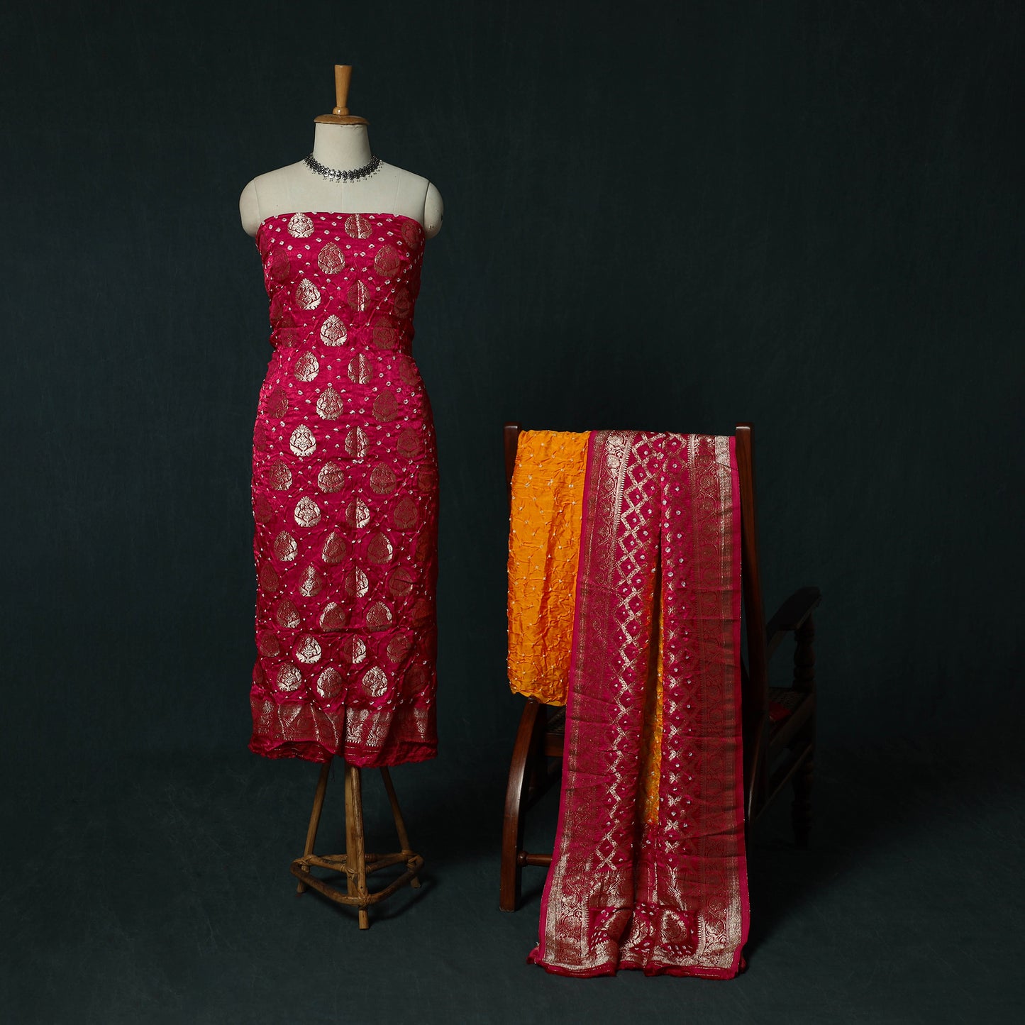 Kutch Bandhani Tie-Dye Modal Silk Banarasi Zari 3pc Unstitched Dress Material Suit Set 02