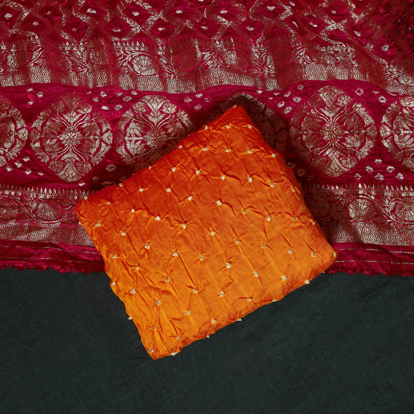Kutch Bandhani Tie-Dye Modal Silk Banarasi Zari 3pc Unstitched Dress Material Suit Set 02