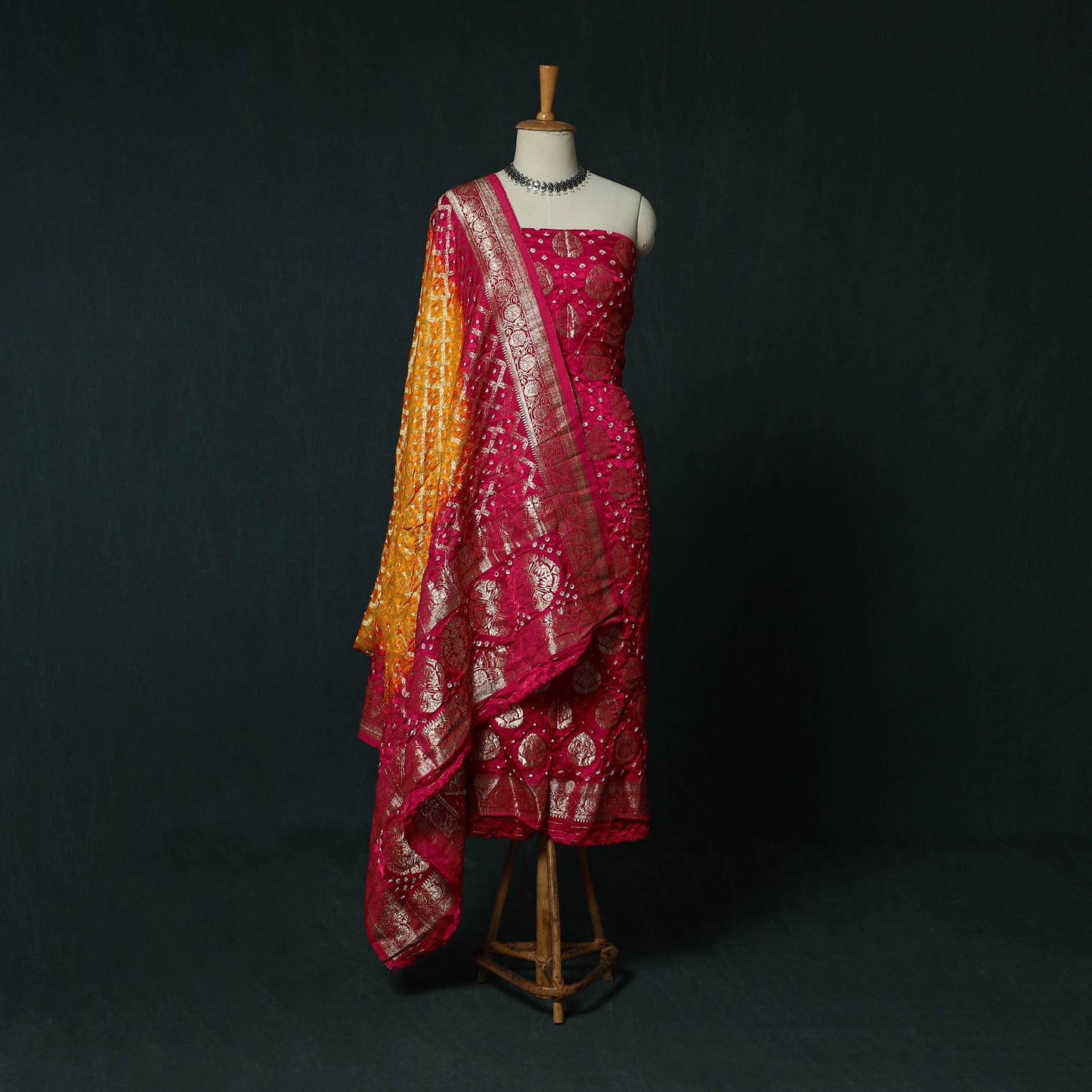 Kutch Bandhani Tie-Dye Modal Silk Banarasi Zari 3pc Unstitched Dress Material Suit Set 02