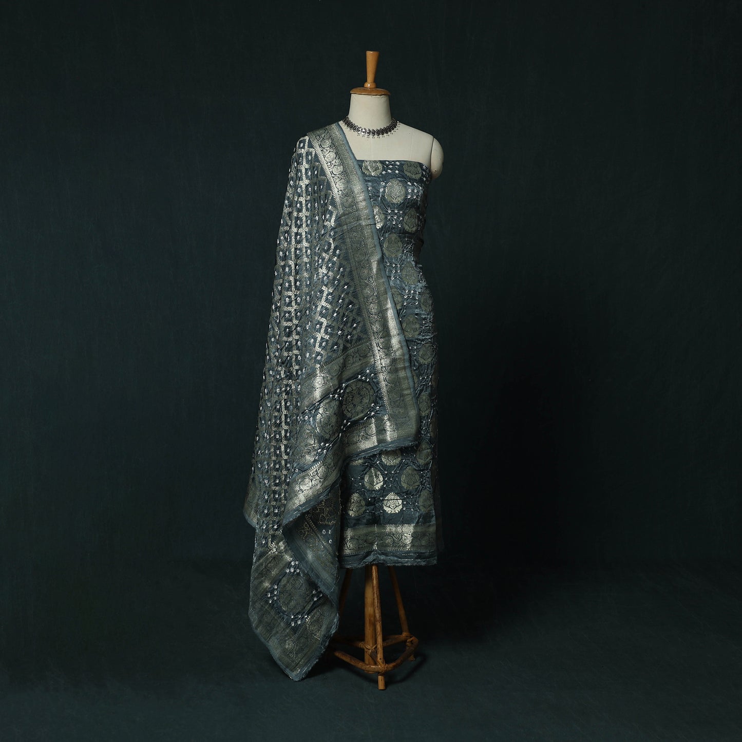 Kutch Bandhani Tie-Dye Modal Silk Banarasi Zari 3pc Unstitched Dress Material Suit Set 06