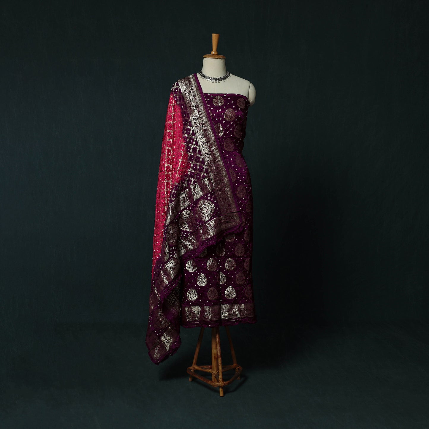 Kutch Bandhani Tie-Dye Modal Silk Banarasi Zari 3pc Unstitched Dress Material Suit Set 07